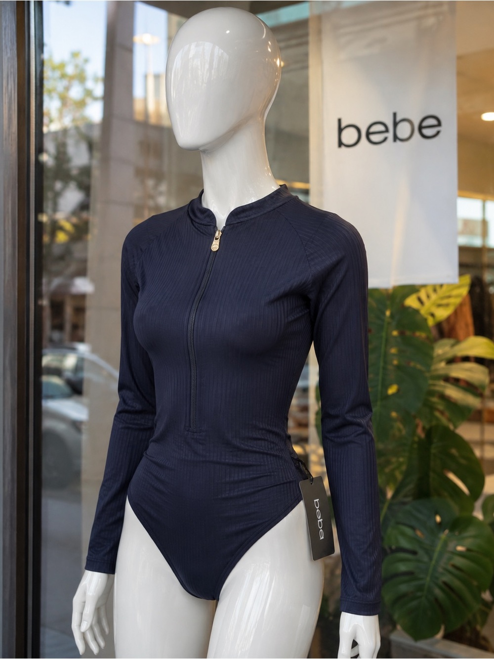 BEBE Sexy Black Ribbed Long Sleeve Scuba One-Piece Swimsuit